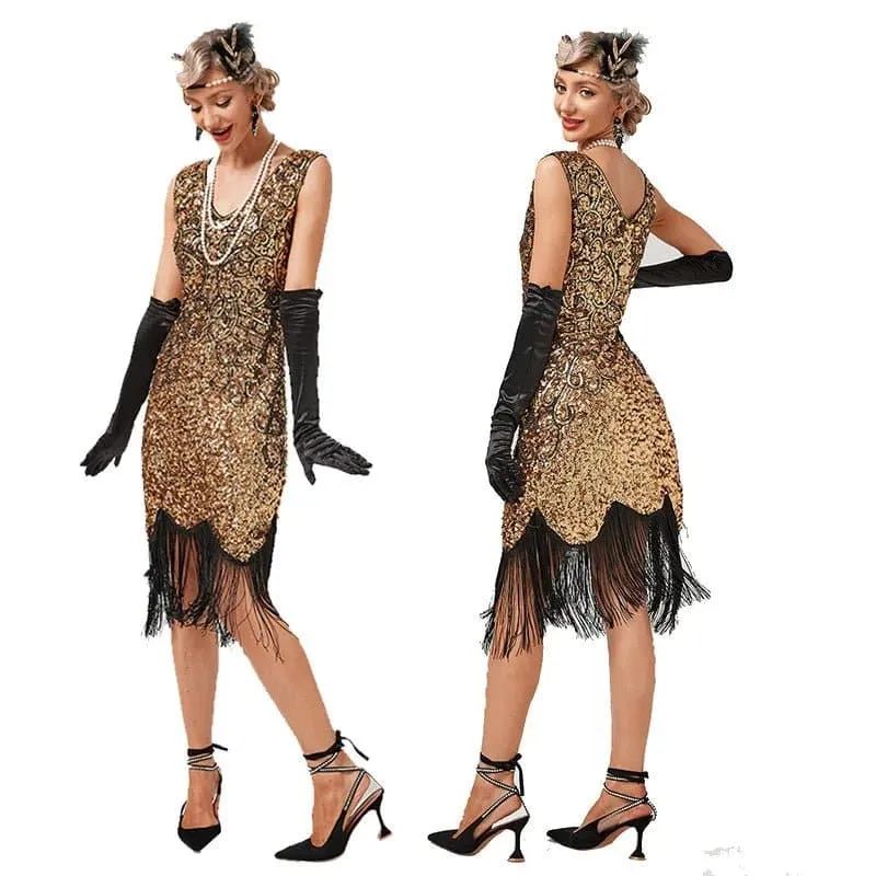 1920s Vintage Sequin Dress in A-Line Style with Embroidery Detailing