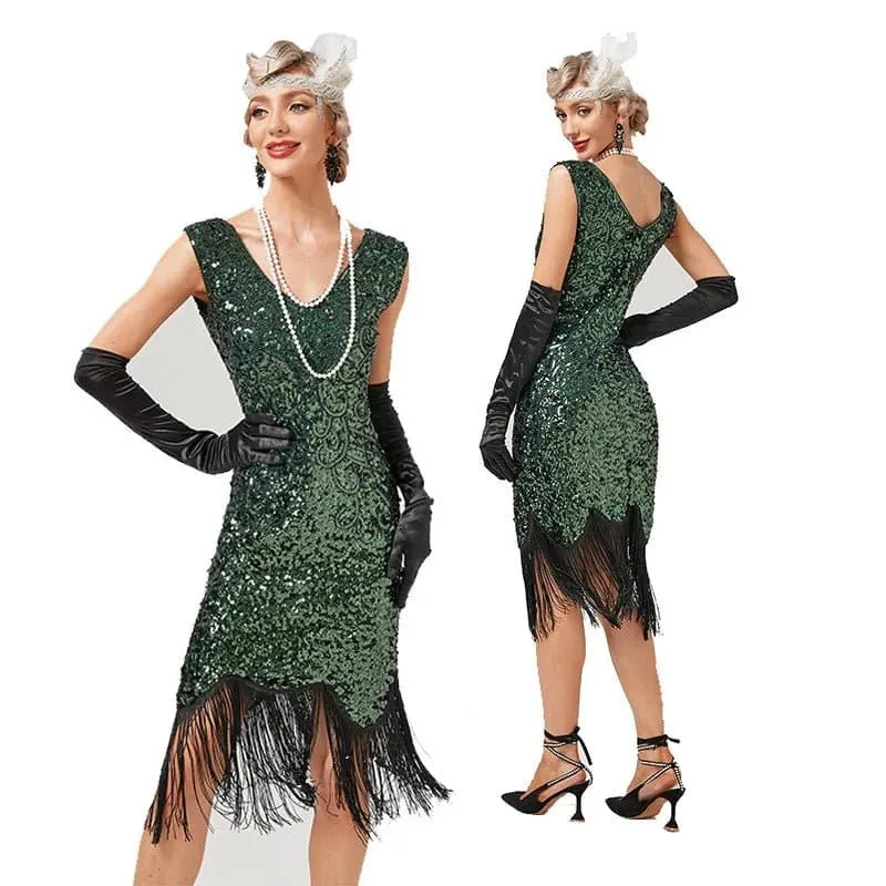 1920s Vintage Sequin Dress in A-Line Style with Embroidery Detailing