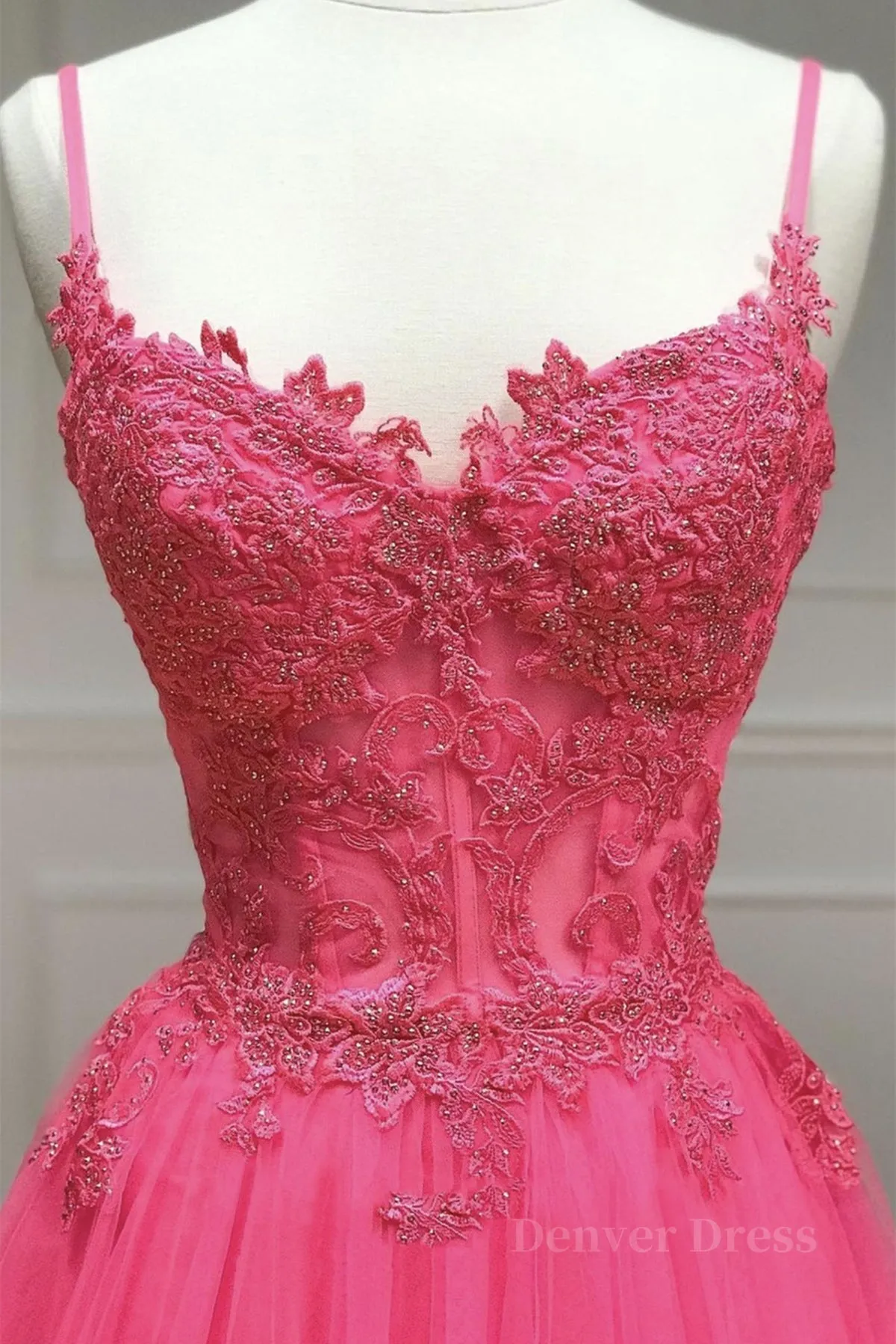 A Line Spaghetti Straps Beaded Pink Lace Long Prom Dress, Pink Lace Formal Dress, Pink Tulle Evening Dress