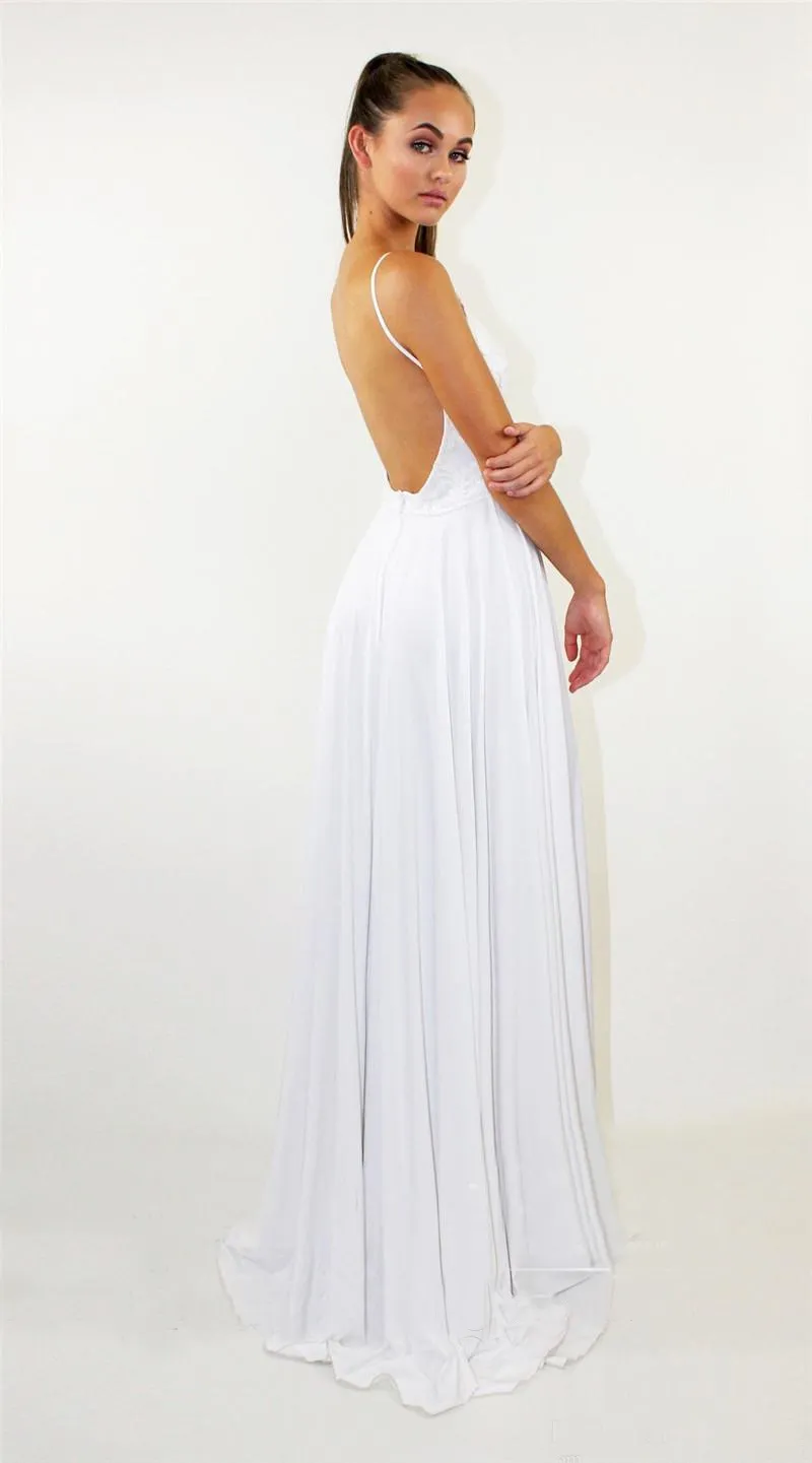 A-line Spaghetti Straps Cheap Chiffon Long Prom Dresses White Evening Dress CBD527