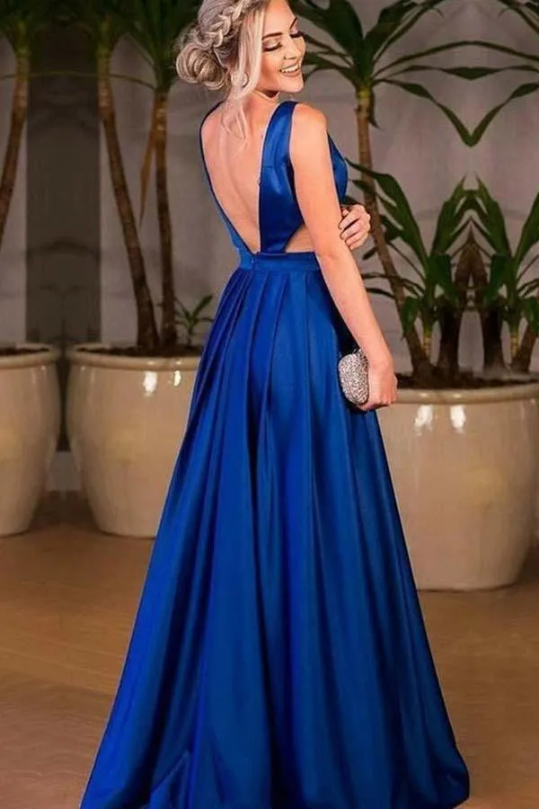 A-Line V-Neck Cut Out Pleated Royal Blue Satin Prom Dress PG617