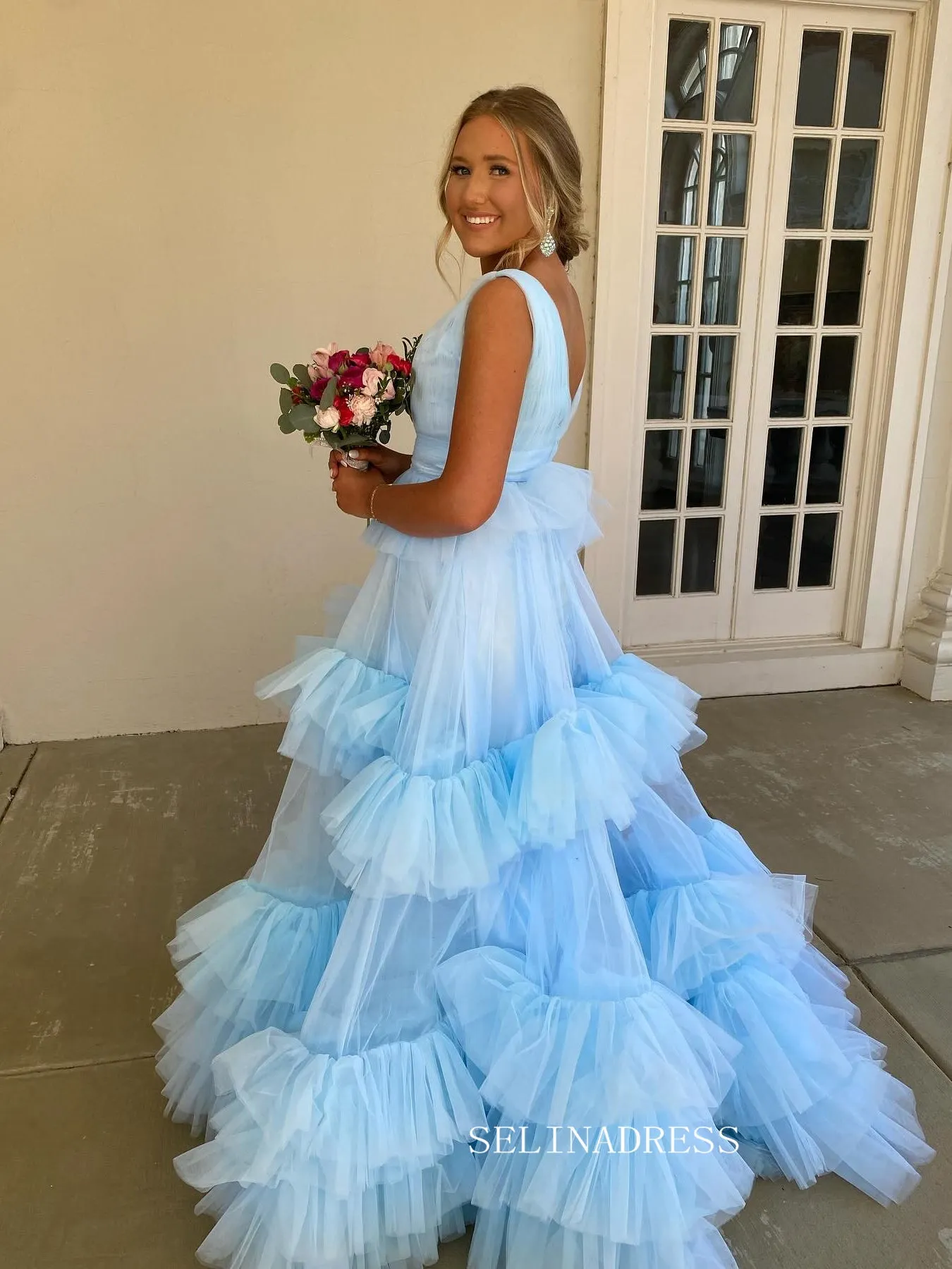 A-line V neck Light Sky Blue Tiered Tulle Long Prom Dress Evening Dress SEW1073