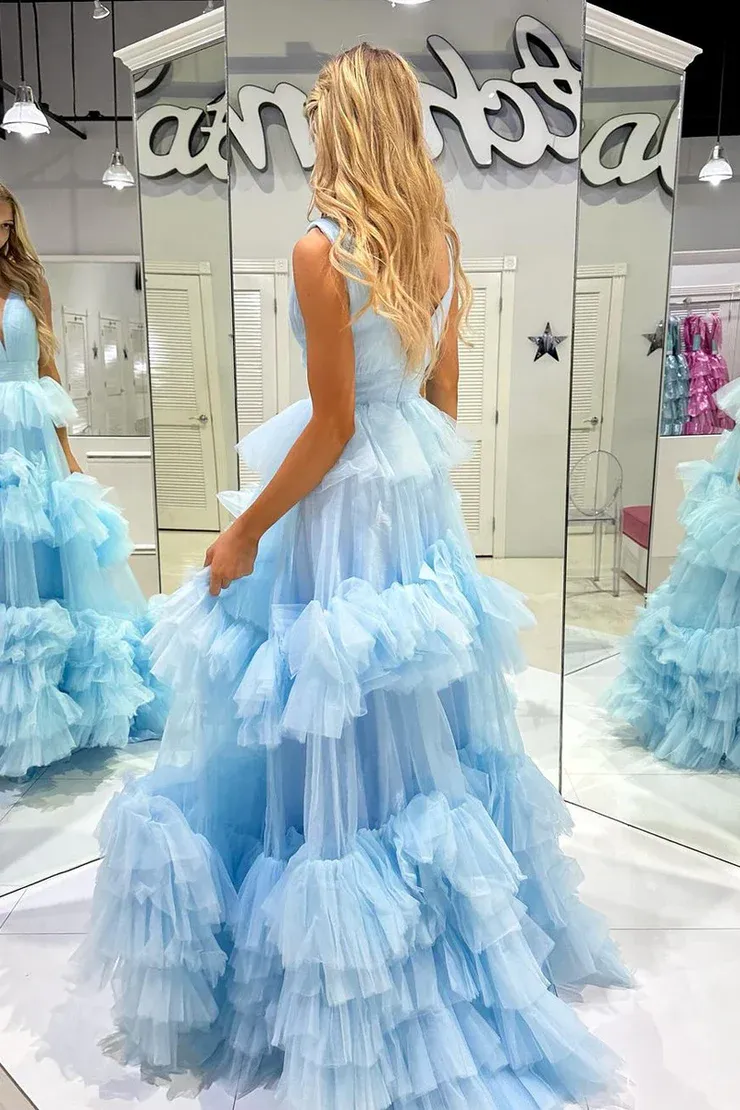 A-line V neck Light Sky Blue Tiered Tulle Long Prom Dress Evening Dress SEW1073