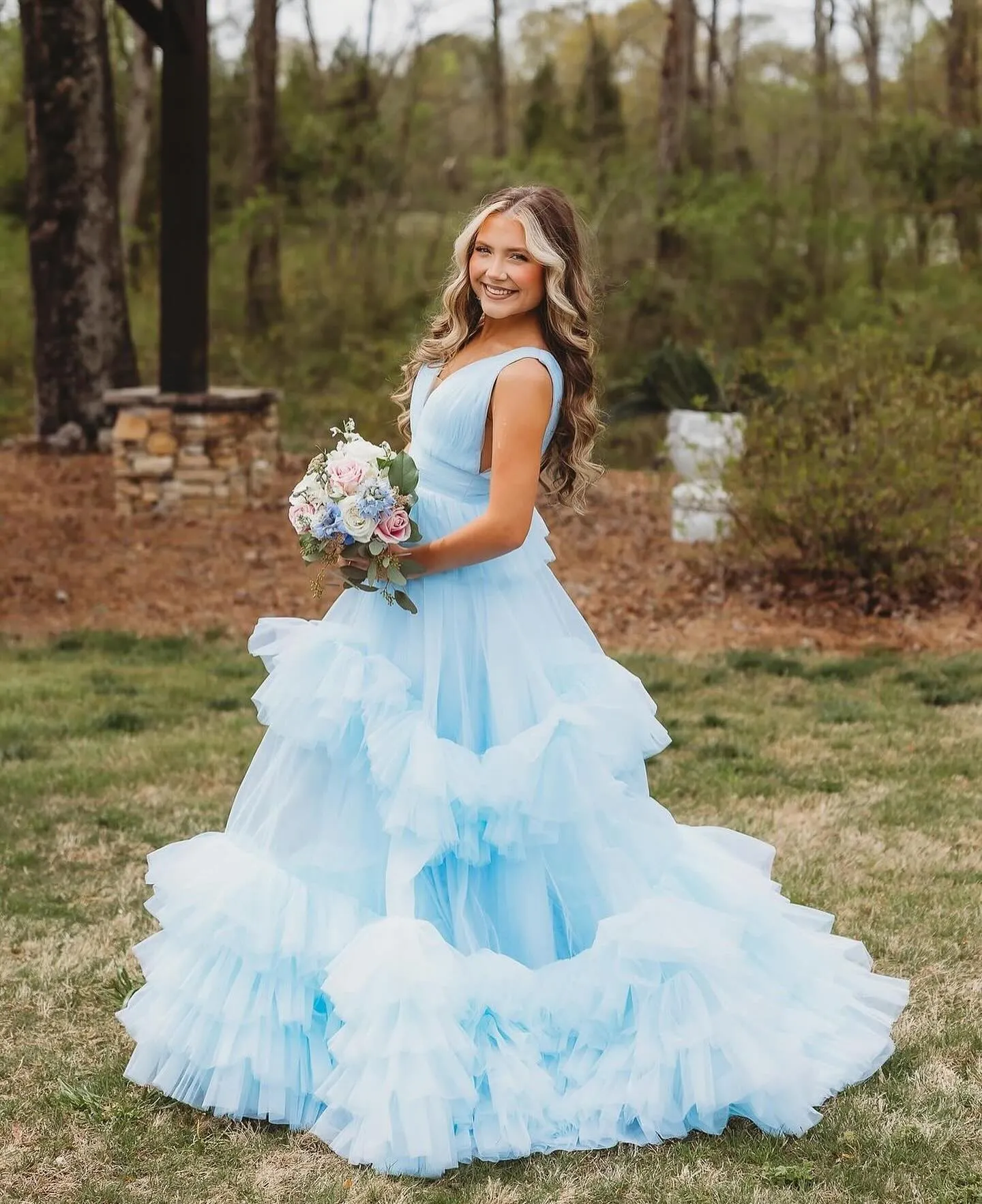 A-line V neck Light Sky Blue Tiered Tulle Long Prom Dress Evening Dress SEW1073