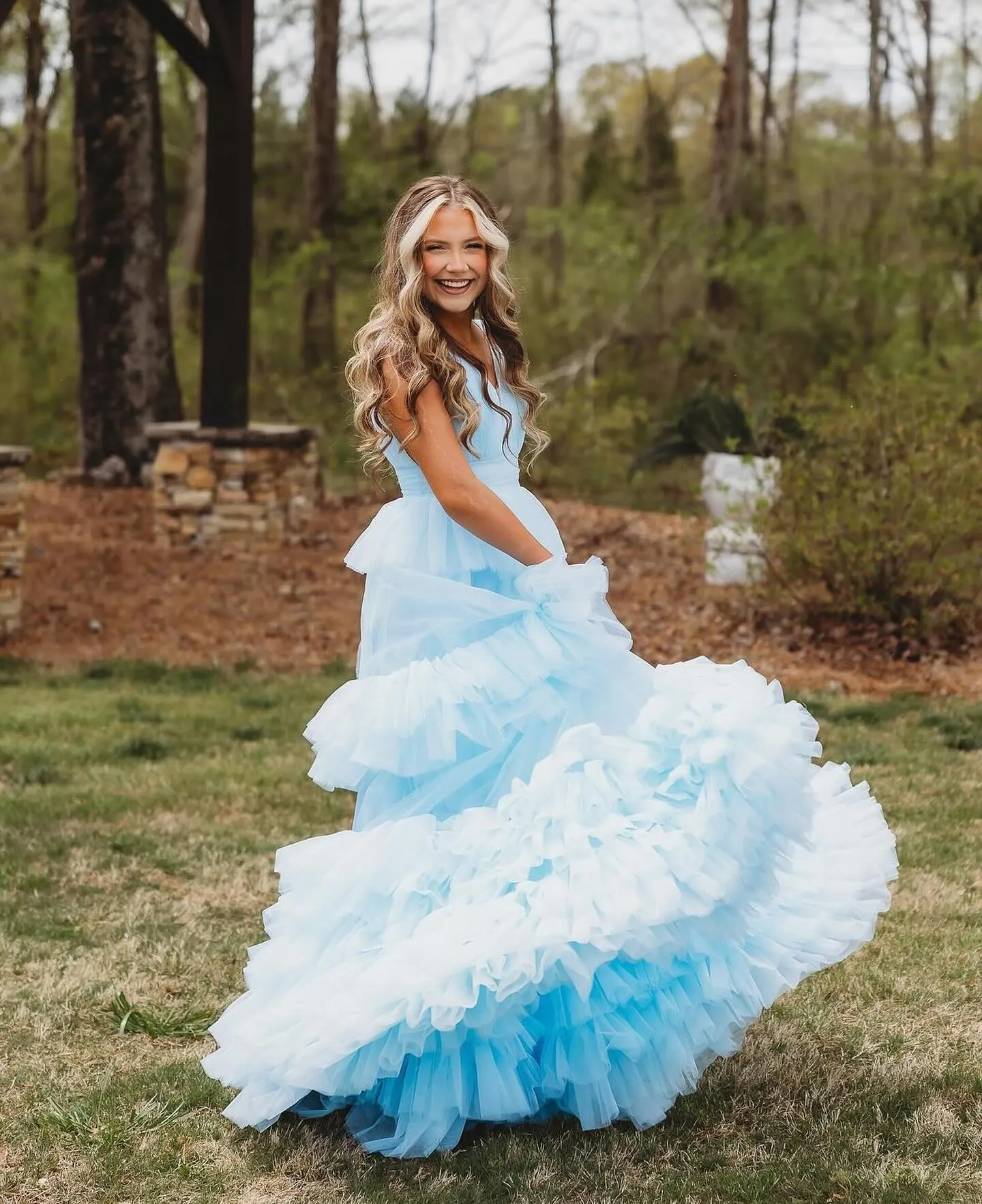 A-line V neck Light Sky Blue Tiered Tulle Long Prom Dress Evening Dress SEW1073