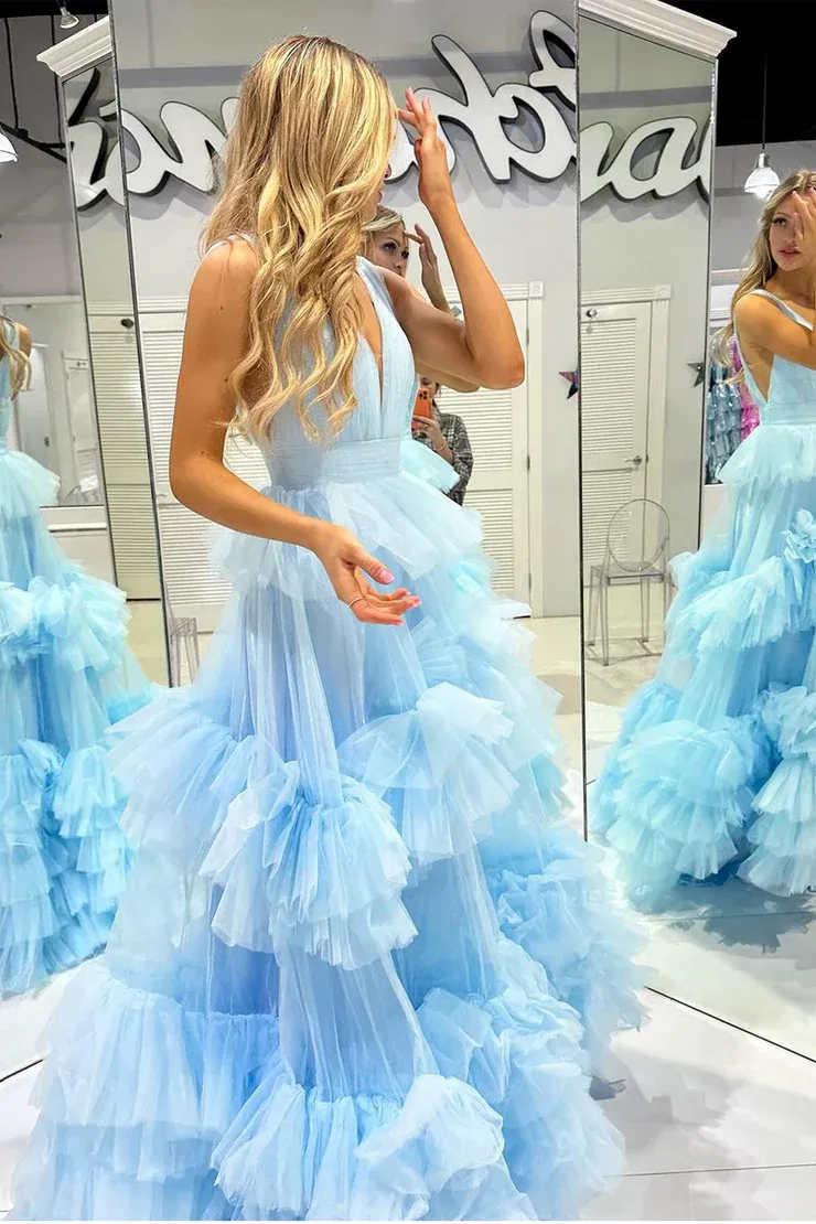 A-line V neck Light Sky Blue Tiered Tulle Long Prom Dress Evening Dress SEW1073