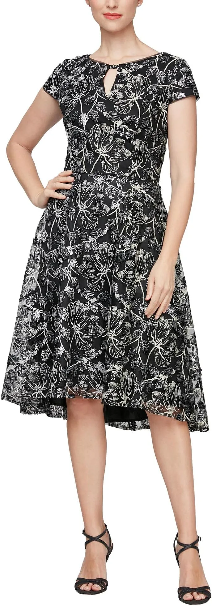 Alex Evenings Short Embroidered A-Line Dress in Black/Taupe