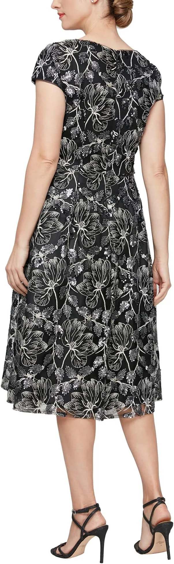 Alex Evenings Short Embroidered A-Line Dress in Black/Taupe