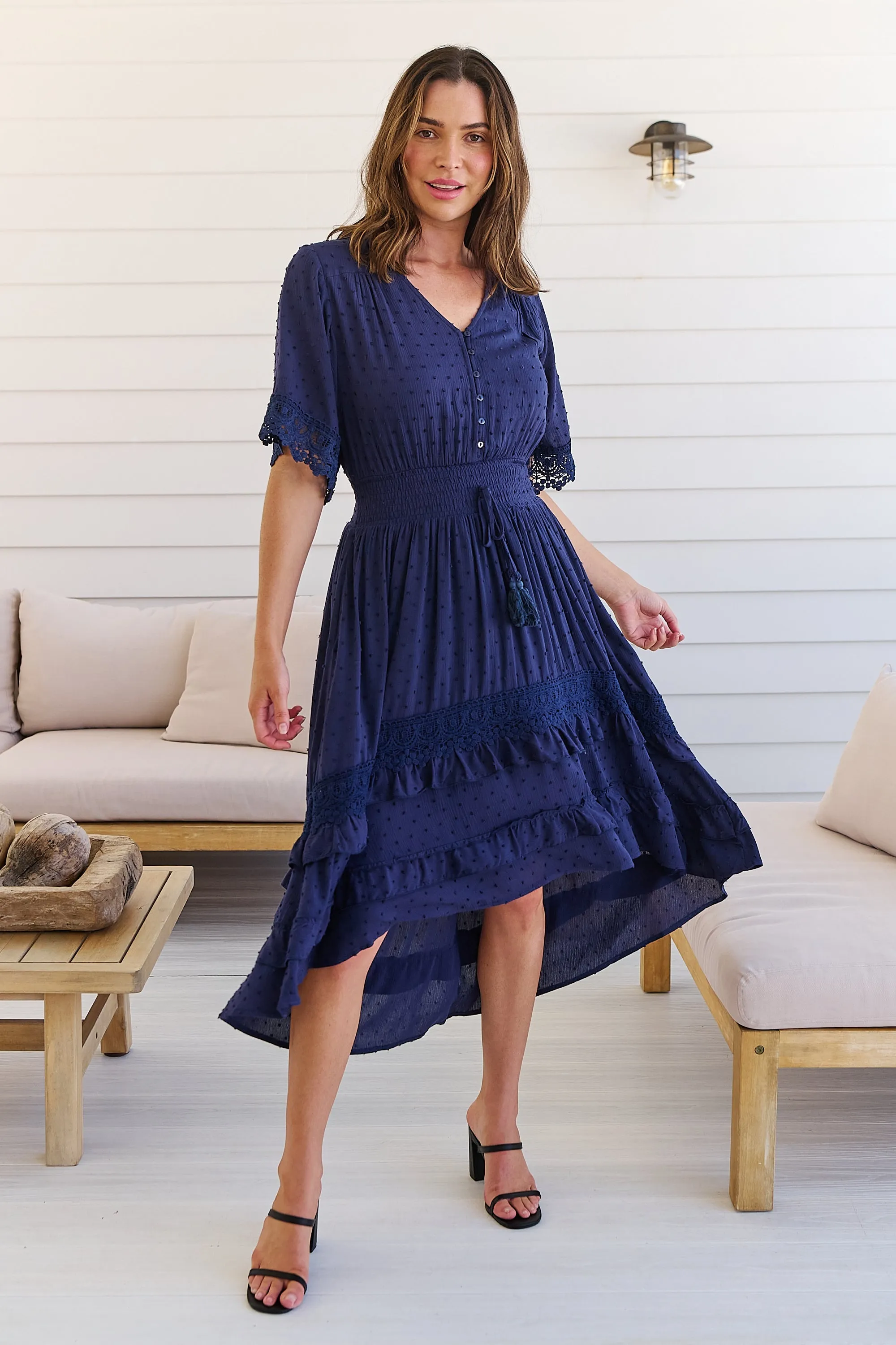 Alize Lace Detail Shirred Waist Swiss Dot Navy Midi Dress