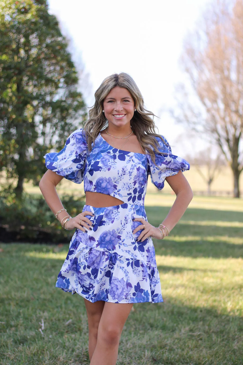 Azure Blossom Asymmetrical Cutout Dress