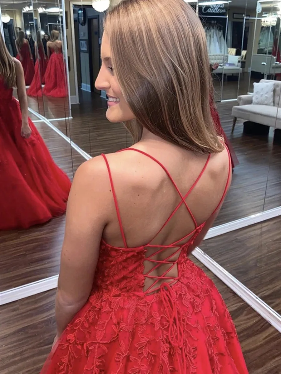 Backless Red Lace Long Prom Dresses, Red Lace Formal Dresses, Red Evening Dresses, Ball