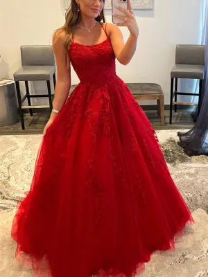 Backless Red Tulle Lace Long Prom Dresses, Red Lace Formal Evening Dresses, Red Ball Gown