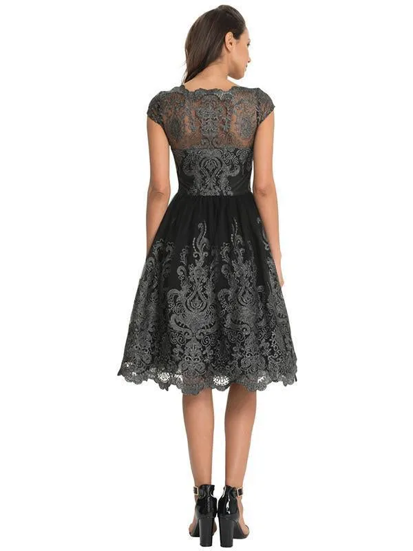 Beautiful Lace Cap Sleeve Midi Dress Evening Dress