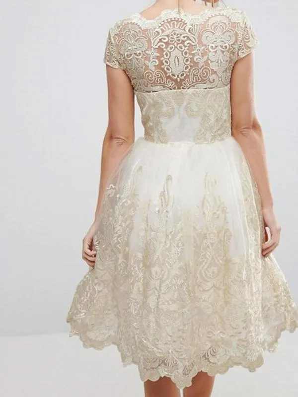 Beautiful Lace Cap Sleeve Midi Dress Evening Dress