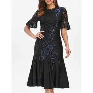 Bell Sleeve Lace Embroidered Mermaid Dress - Black M