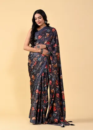 Black Floral Digital Printed Heavy Satin Silk Saree with Black Silk Blouse