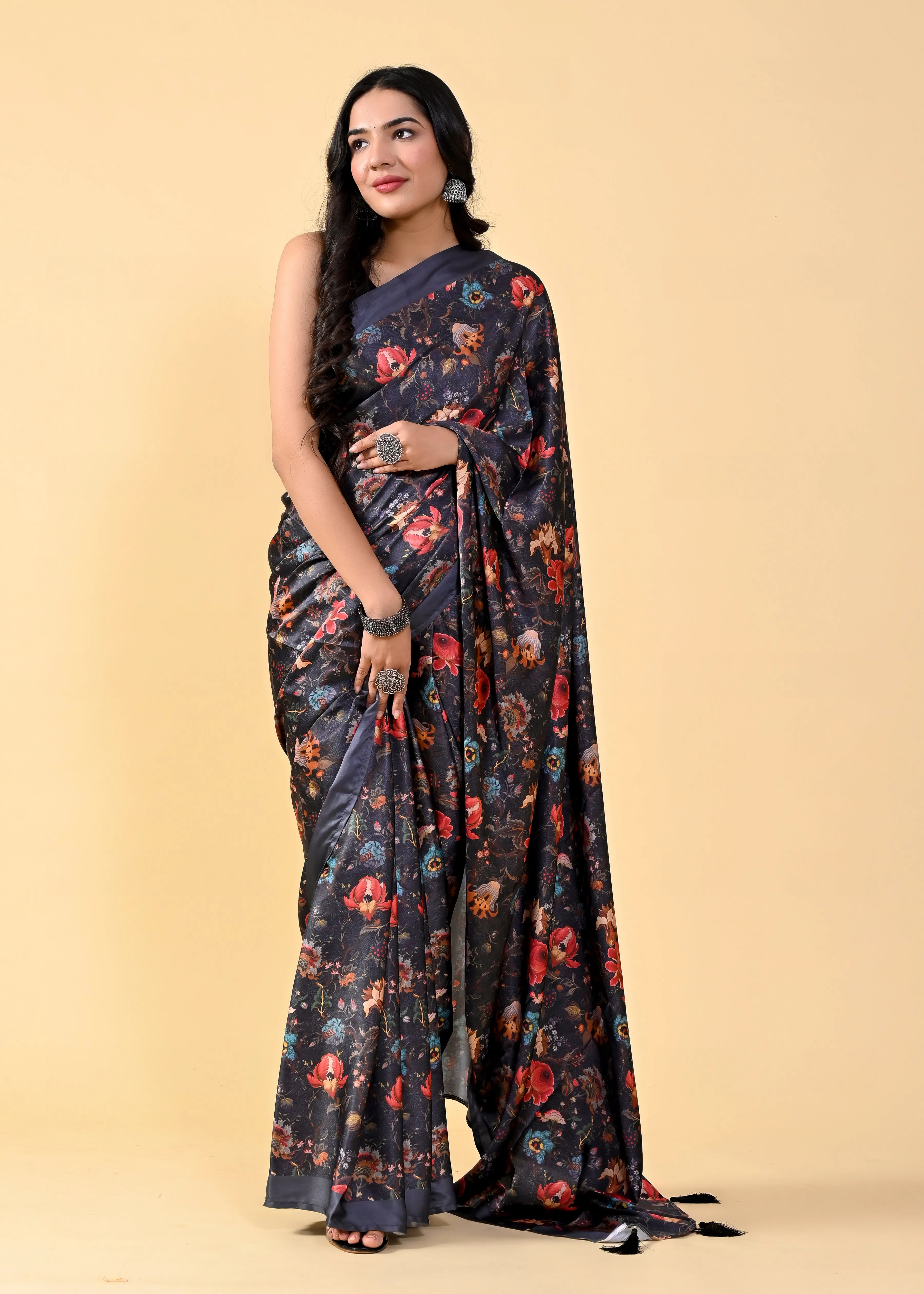 Black Floral Digital Printed Heavy Satin Silk Saree with Black Silk Blouse