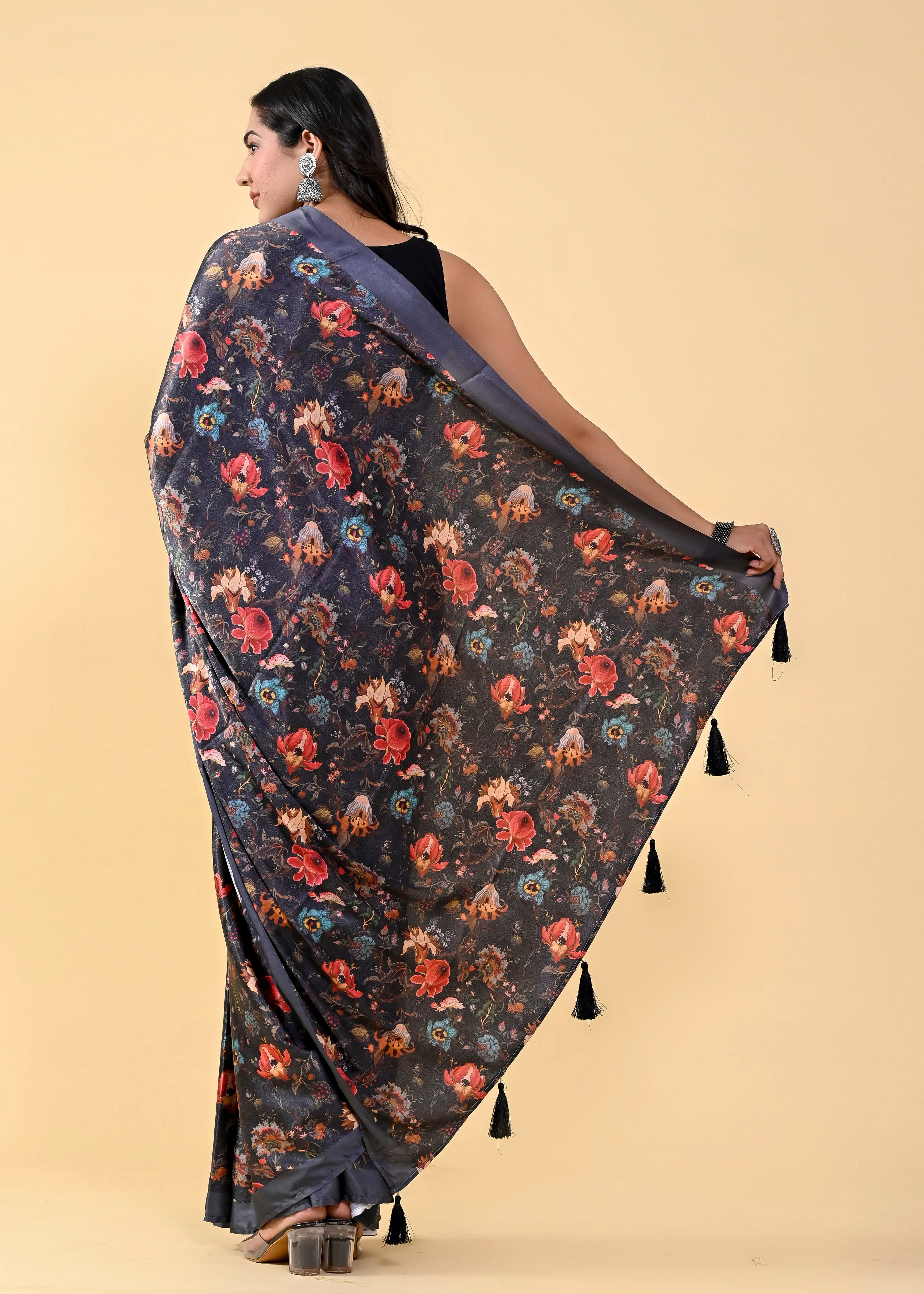 Black Floral Digital Printed Heavy Satin Silk Saree with Black Silk Blouse