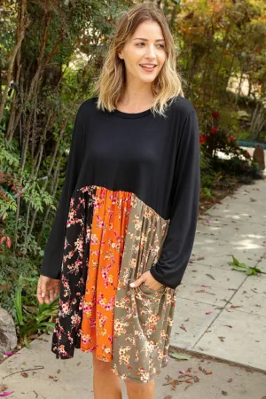 Black Floral Vertical Color Block Dress