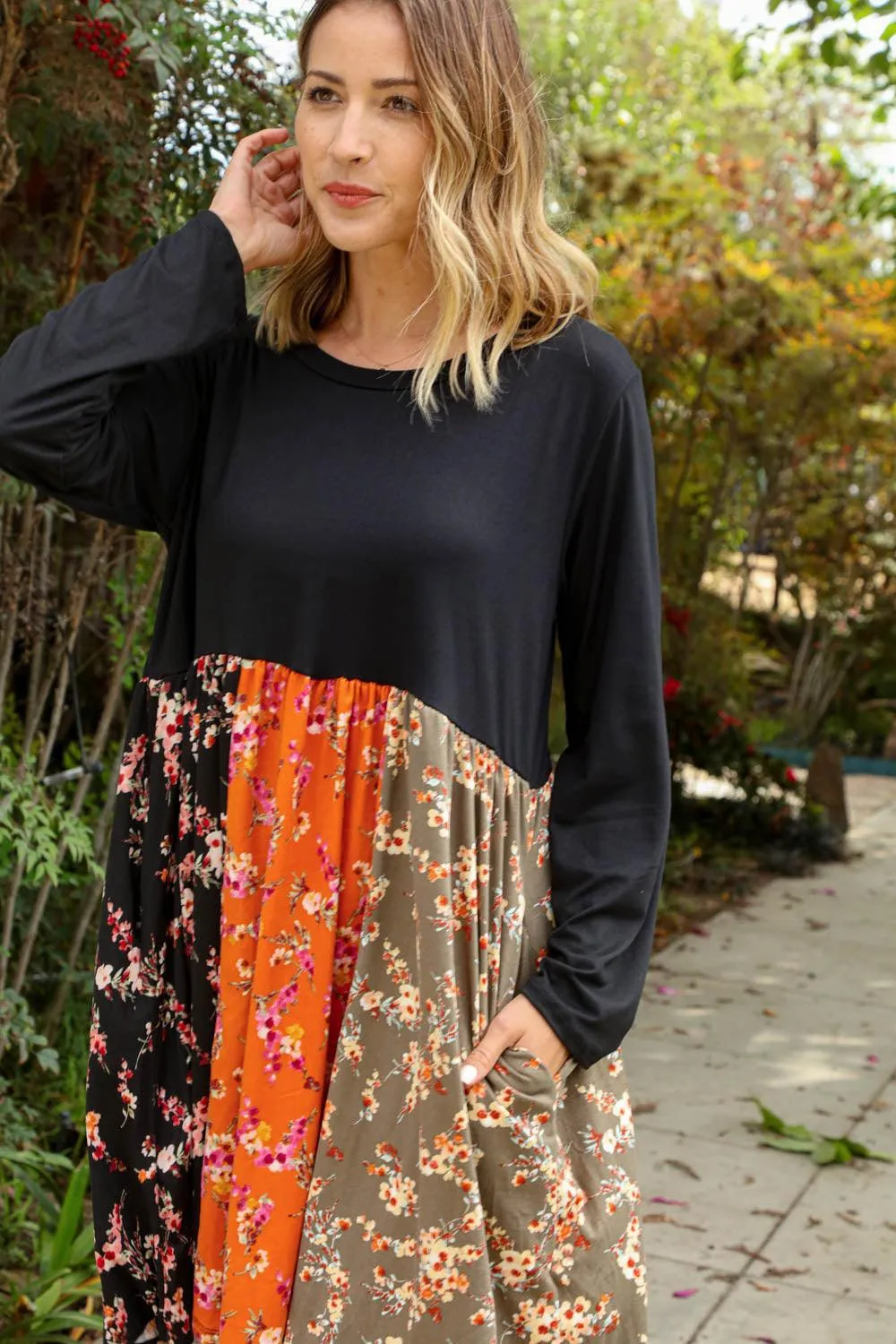 Black Floral Vertical Color Block Dress