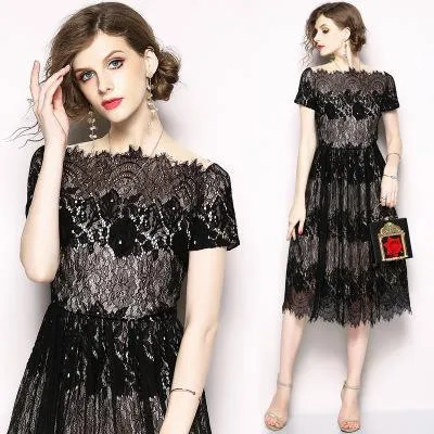 Black Lace Word Collar Party Evening Flat Shoulder Dress