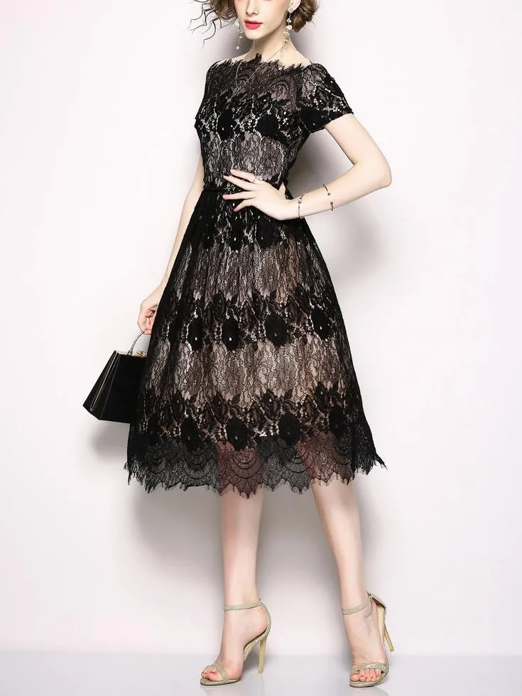 Black Lace Word Collar Party Evening Flat Shoulder Dress