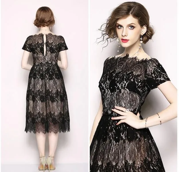 Black Lace Word Collar Party Evening Flat Shoulder Dress