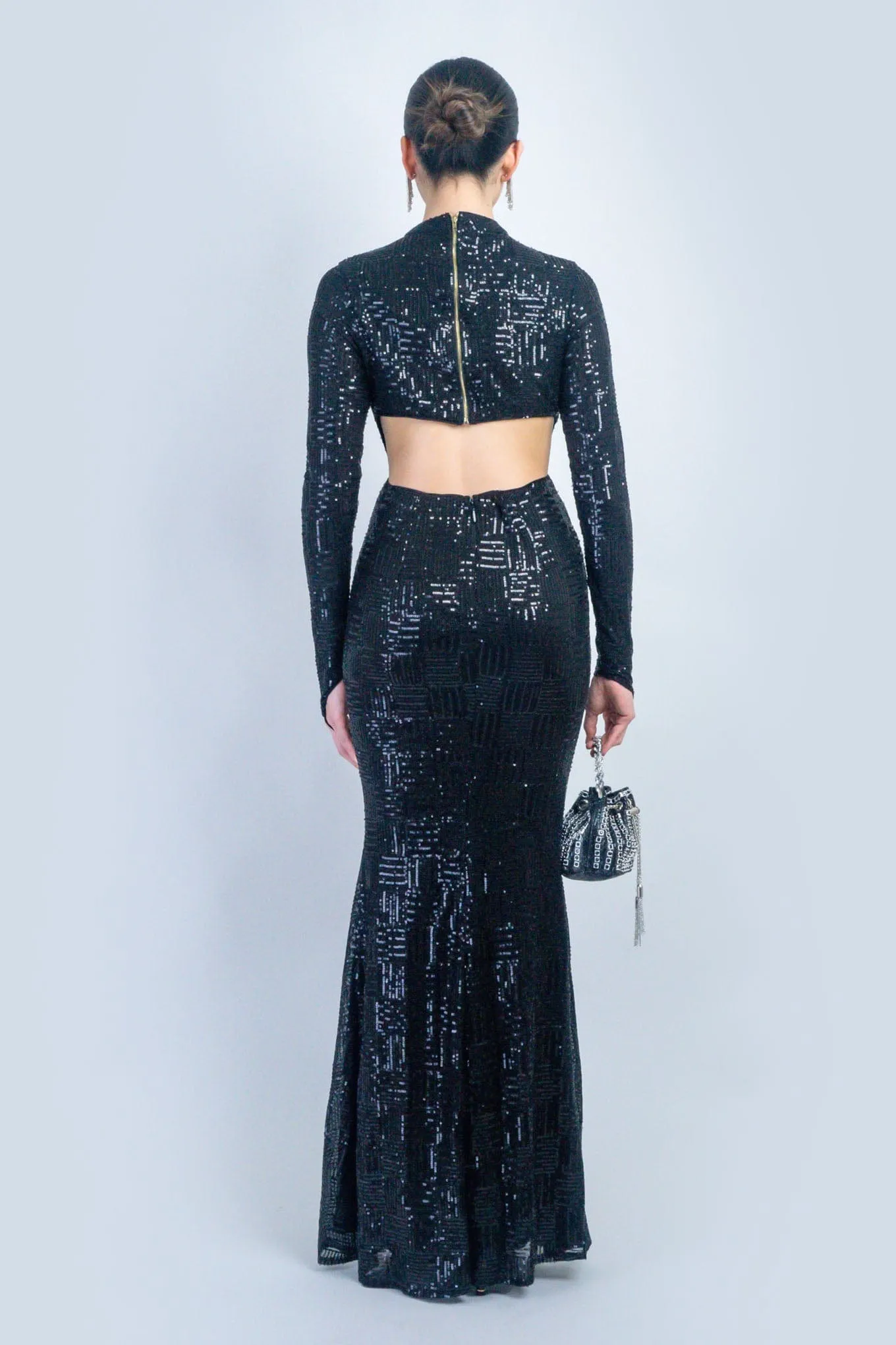 Black Long Sleeve Fitted Sequin Gown w/ Finger Glove