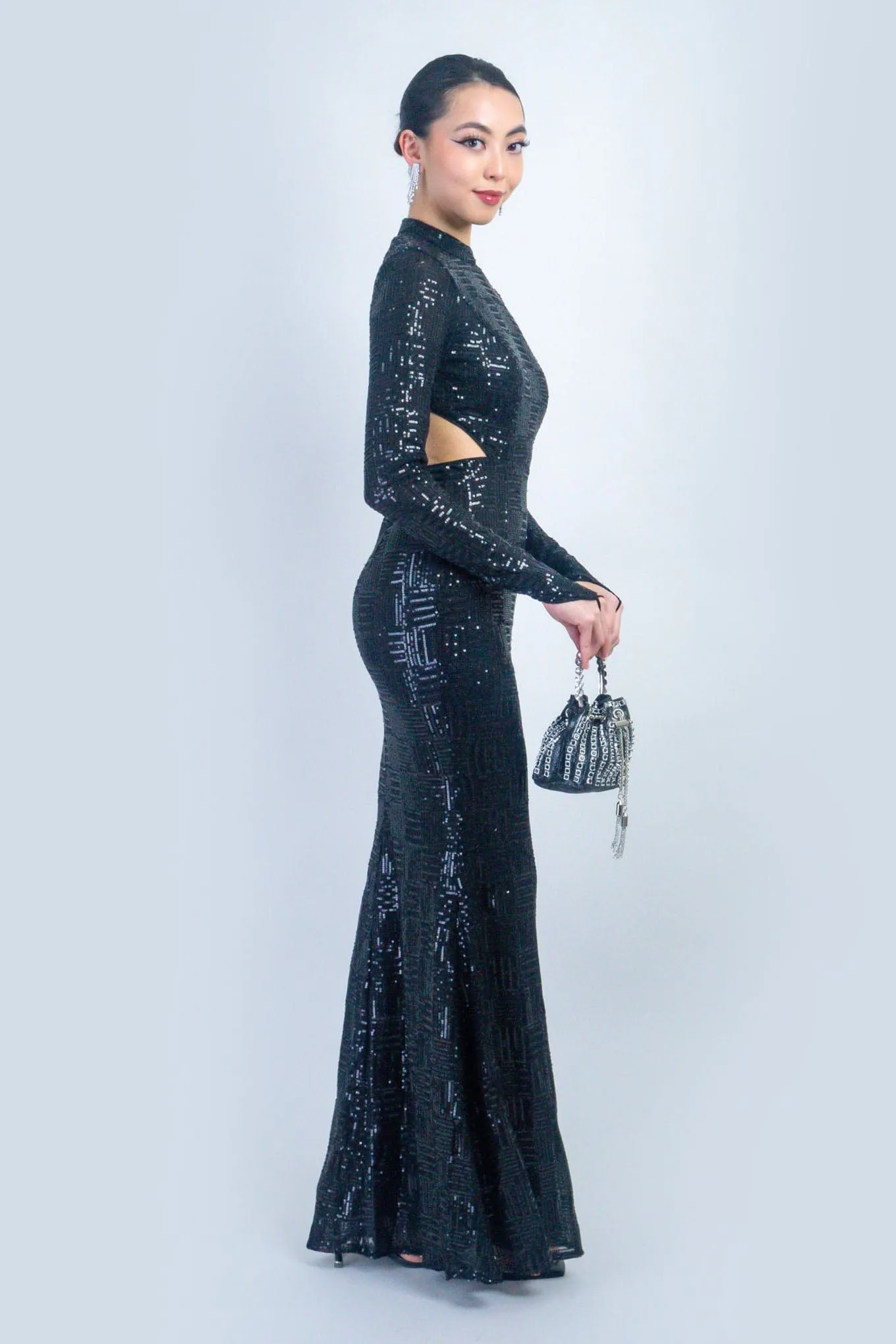 Black Long Sleeve Fitted Sequin Gown w/ Finger Glove