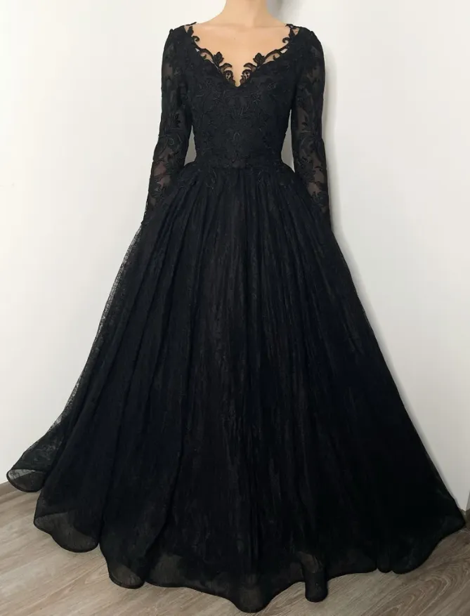 Black Long Sleeve Wedding Dress,Formal Dress Woman Elegant