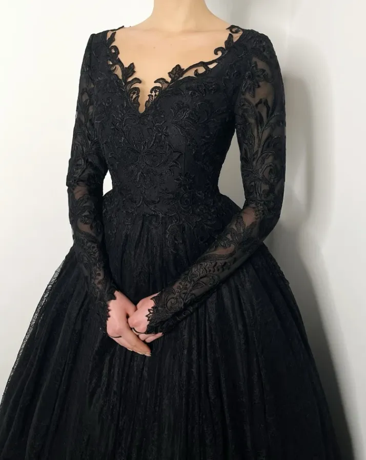 Black Long Sleeve Wedding Dress,Formal Dress Woman Elegant