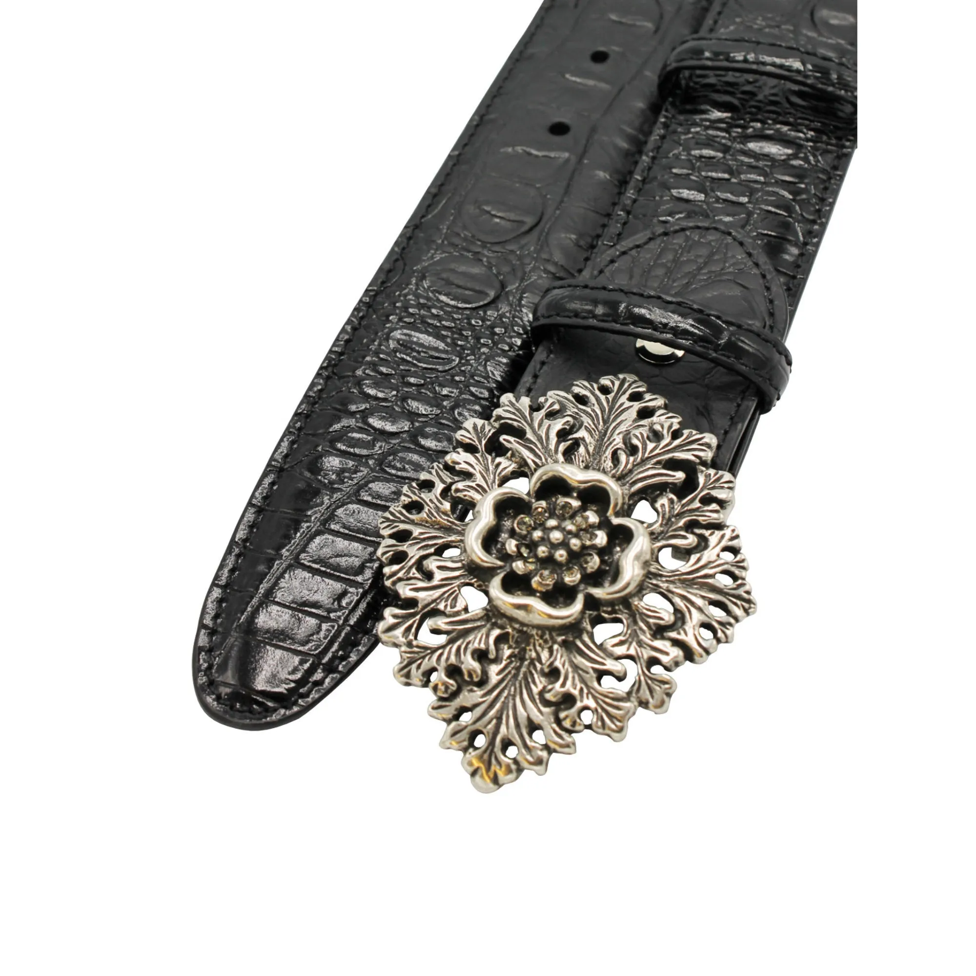 Black Mock Caiman Croc Effect Floral Belt