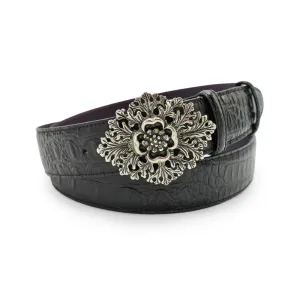 Black Mock Caiman Croc Effect Floral Belt