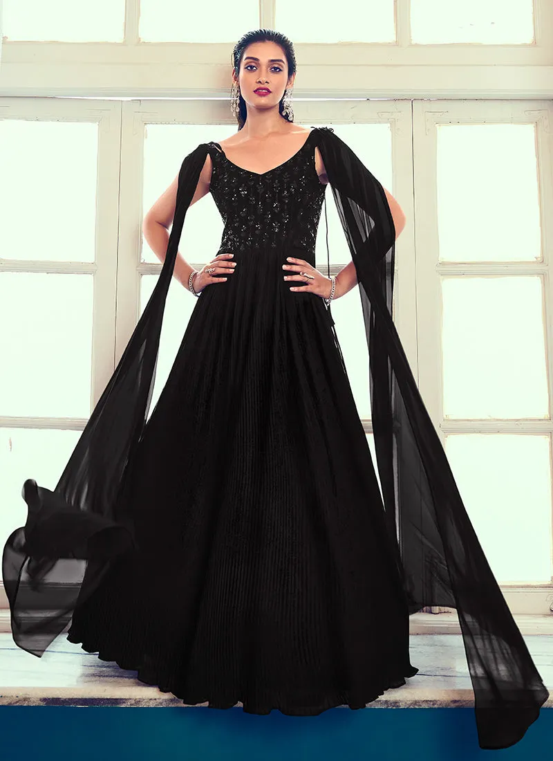 Black Sequence Embroidery Cape Style Designer Gown