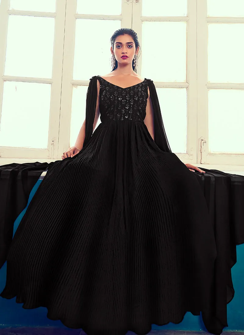 Black Sequence Embroidery Cape Style Designer Gown