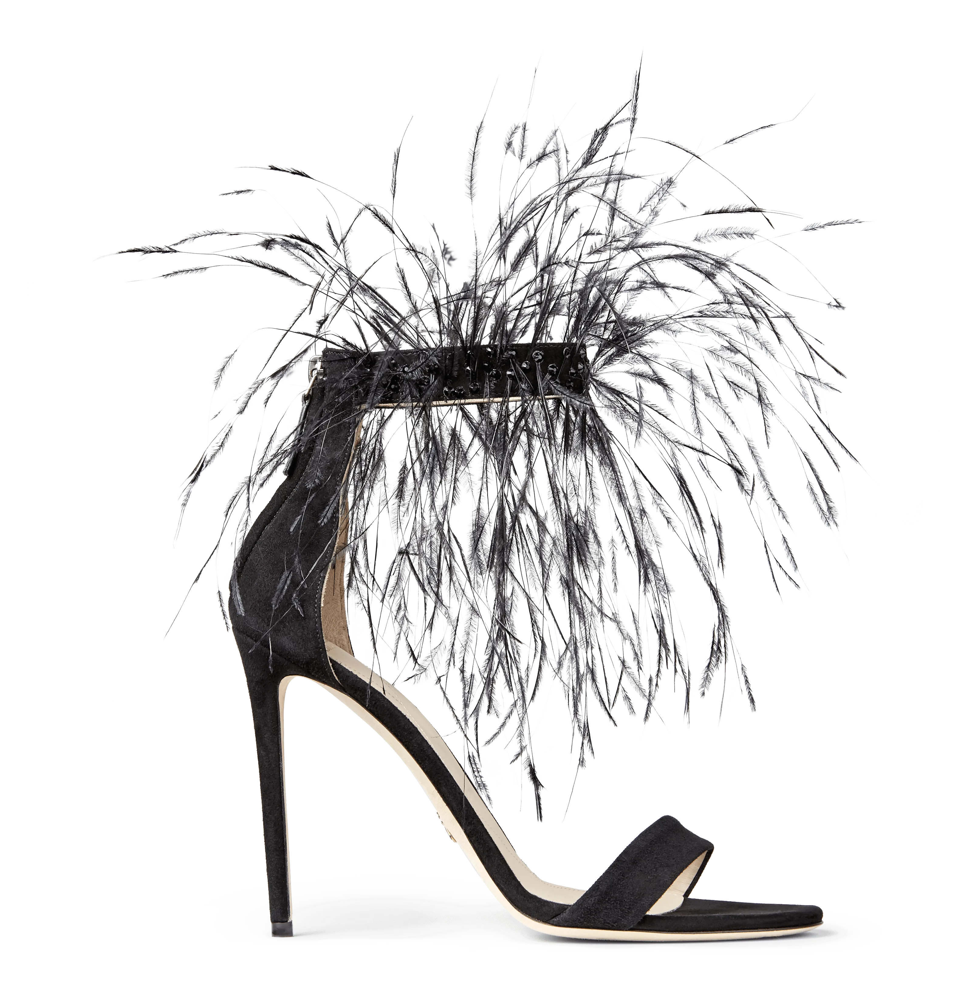 Black Suede Strap Sandals with Feathers