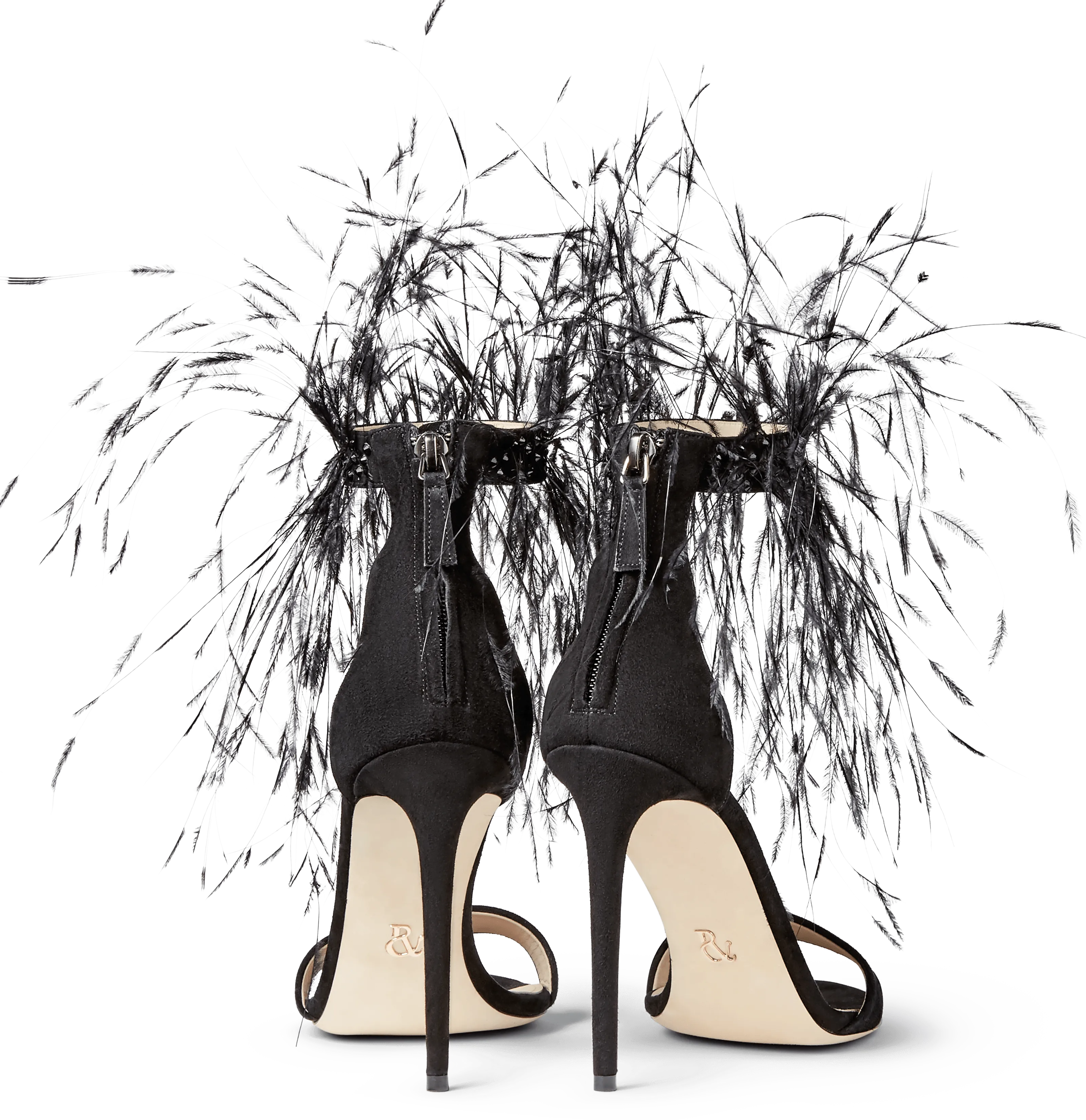 Black Suede Strap Sandals with Feathers