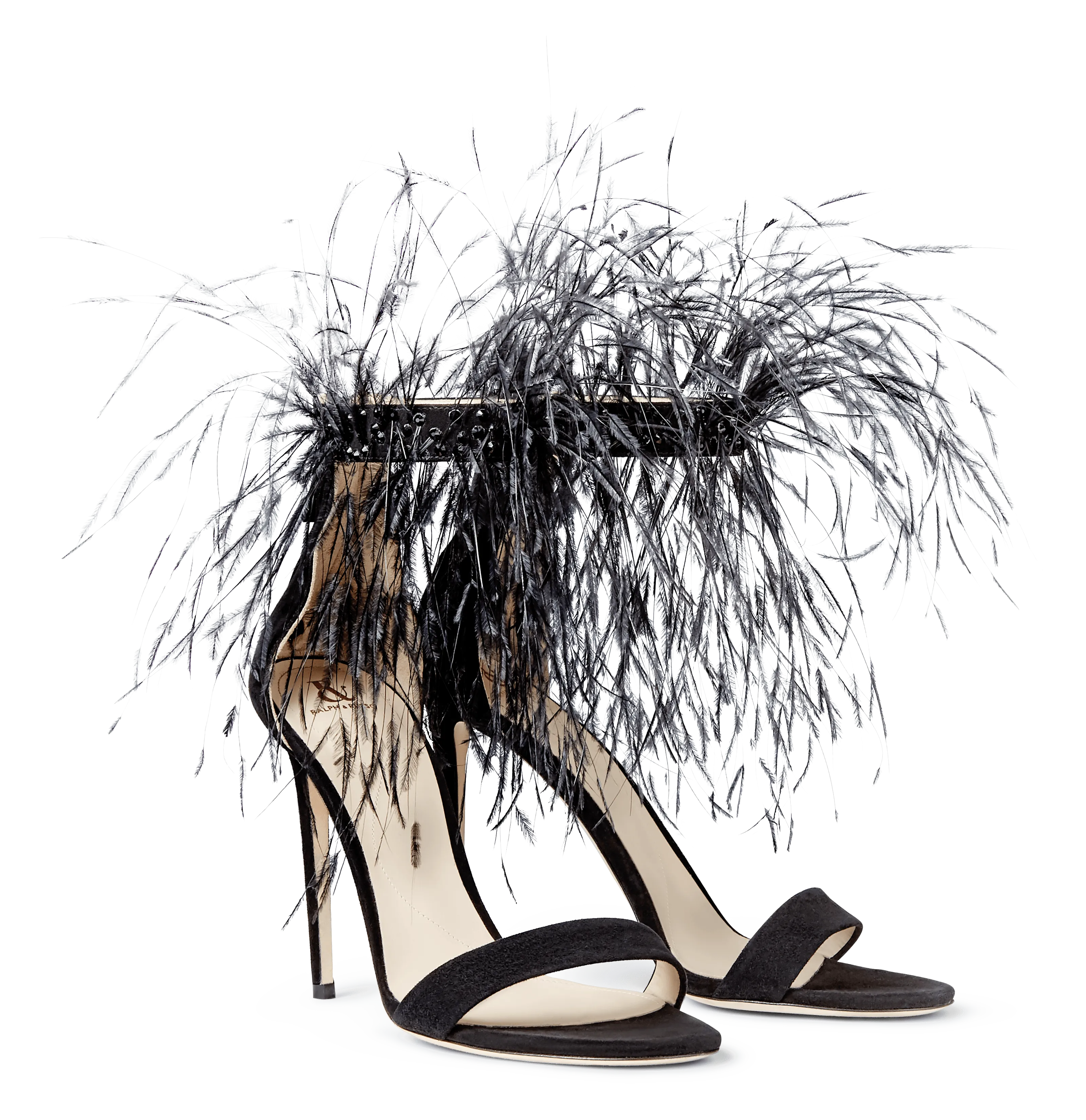 Black Suede Strap Sandals with Feathers