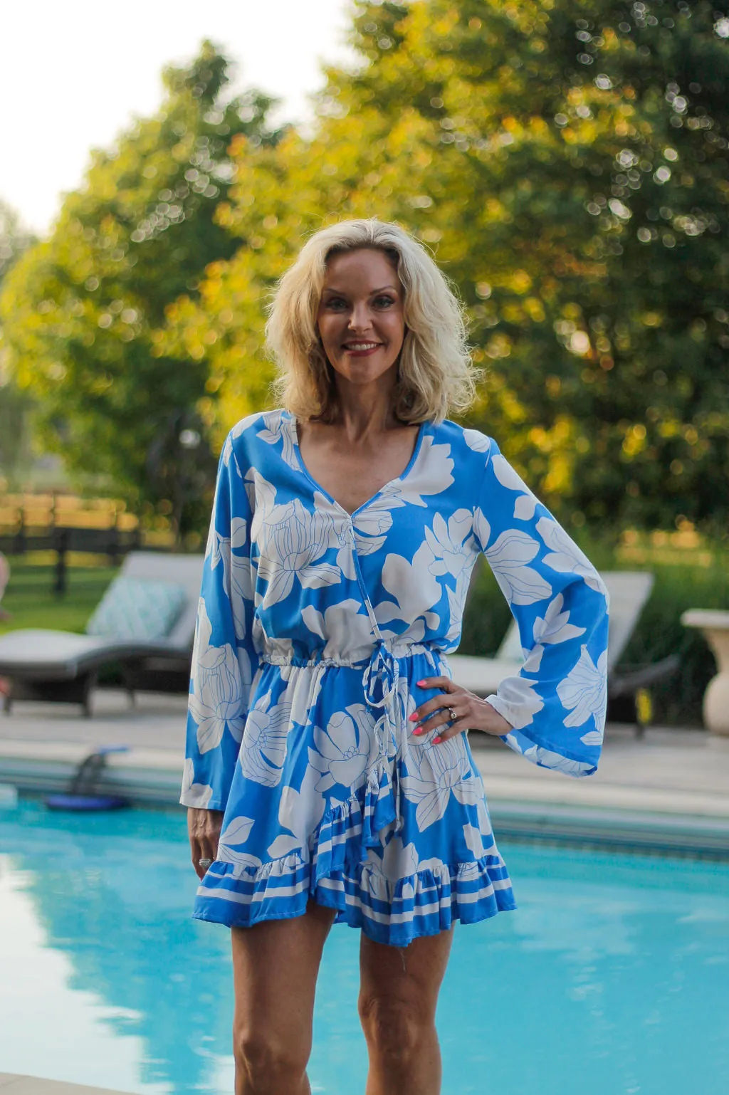 Blue Botanic Printed Rayon Long Sleeve Dress