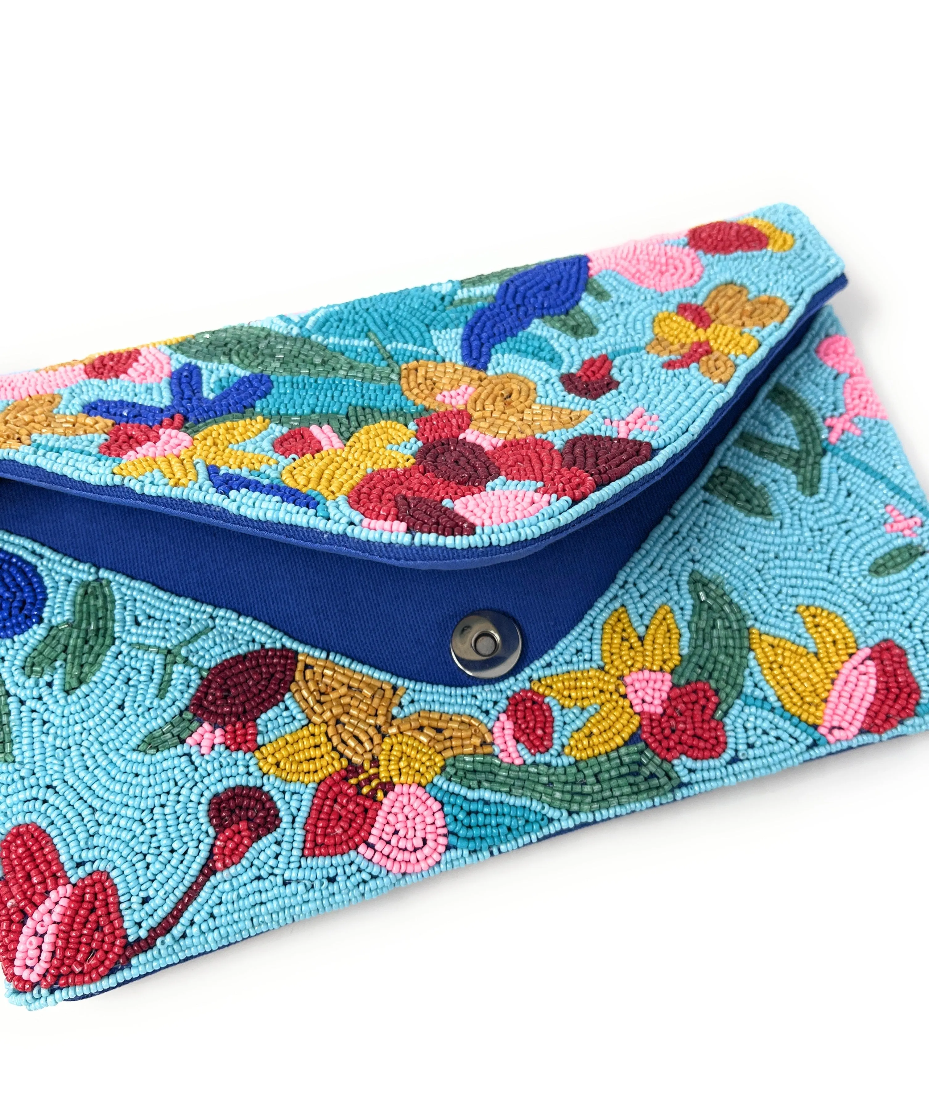 Blue Floral Beaded Clutch Purse