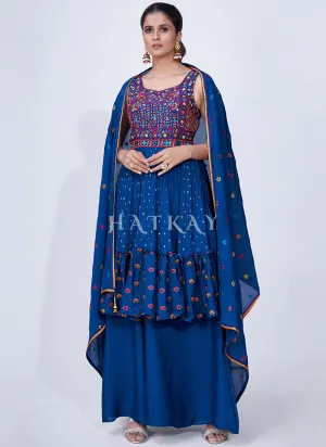 Blue Mirror Work Multi Embroidery Chiffon Palazzo Suit