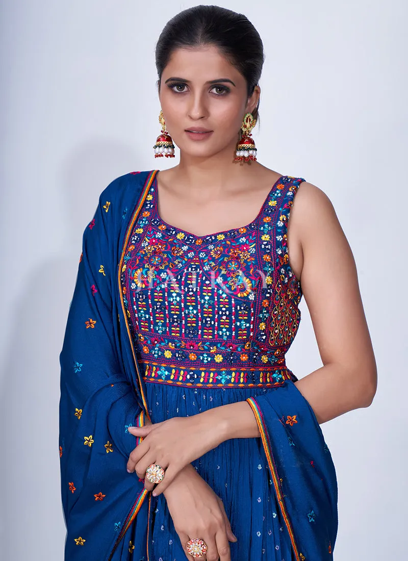 Blue Mirror Work Multi Embroidery Chiffon Palazzo Suit