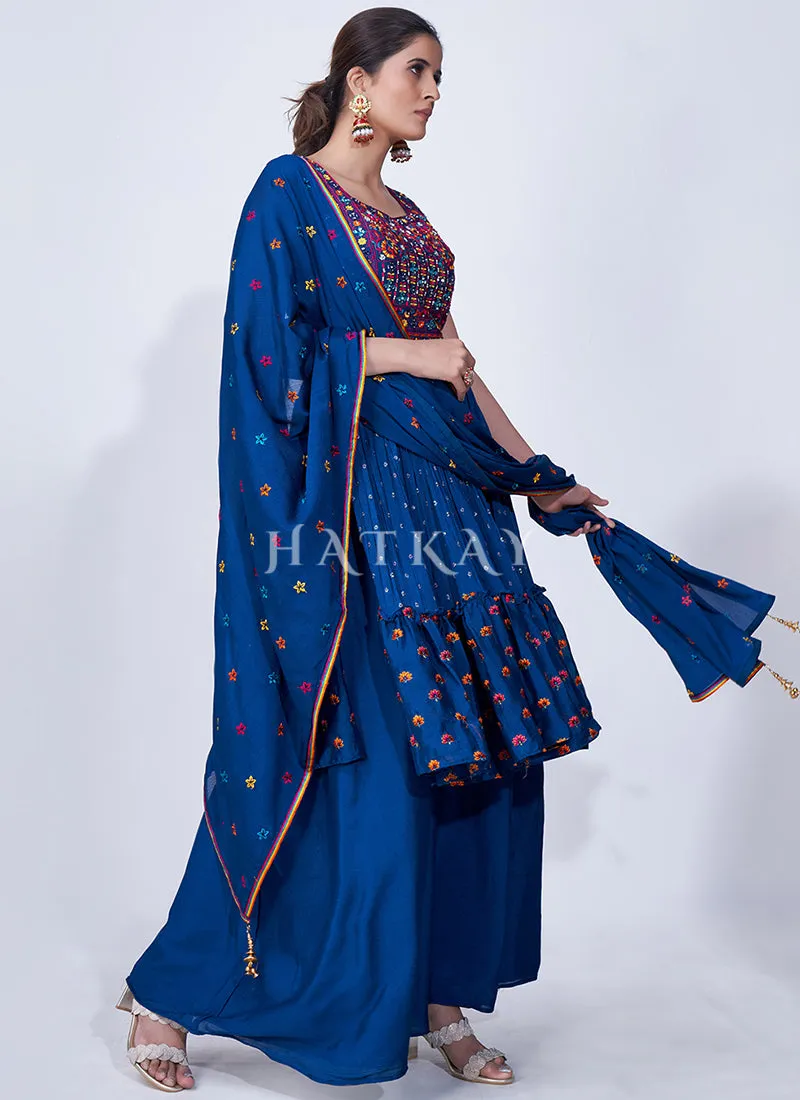 Blue Mirror Work Multi Embroidery Chiffon Palazzo Suit