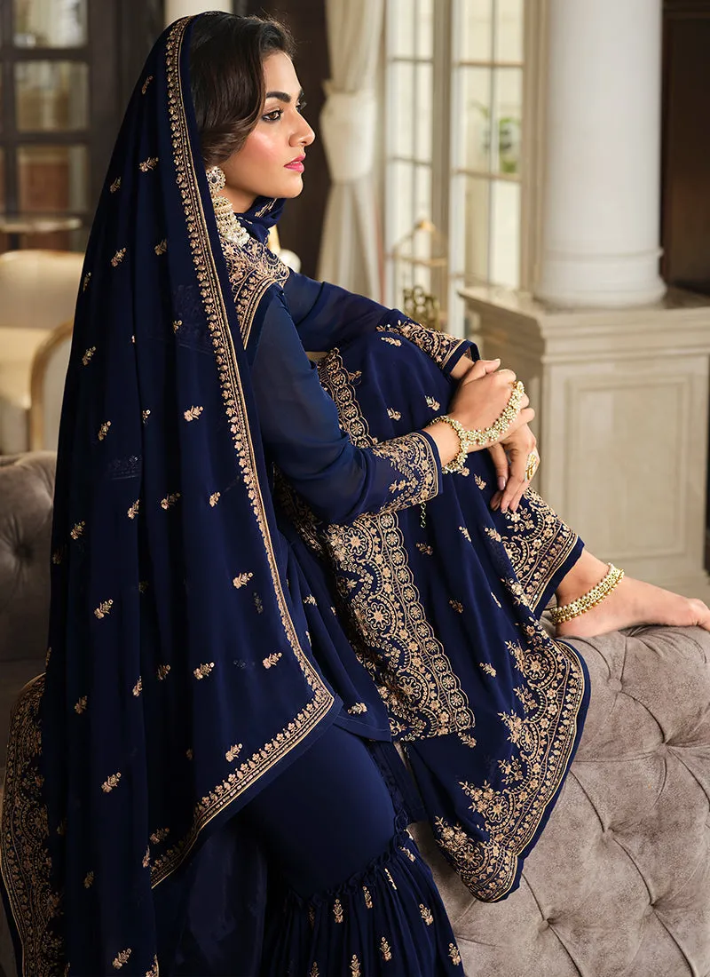 Blue Sequence Embroidery Festive Gharara Style Suit