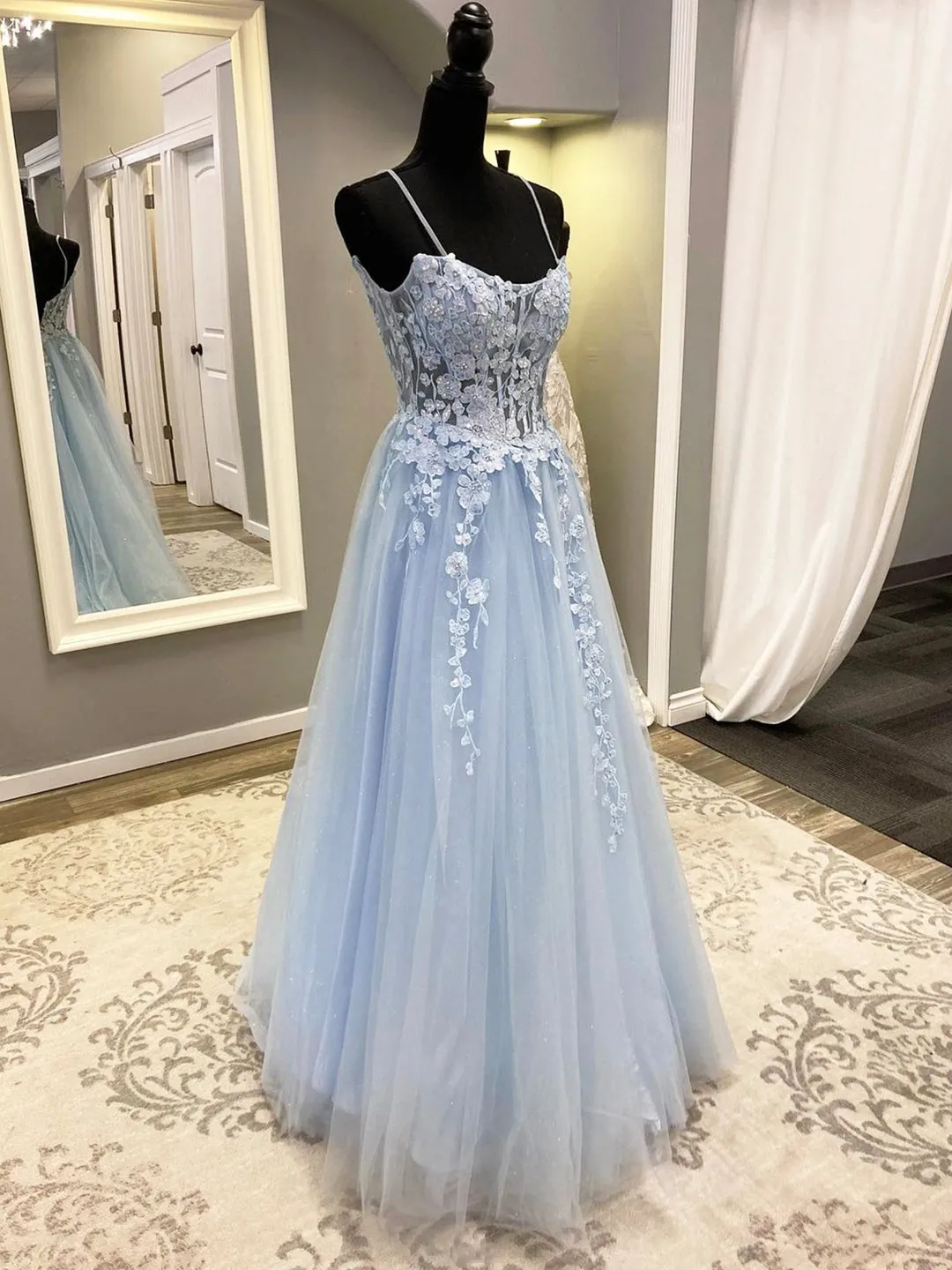 Blue Spaghetti Strap Tulle Long Prom Dress with Lace A-Line Evening Party Dress