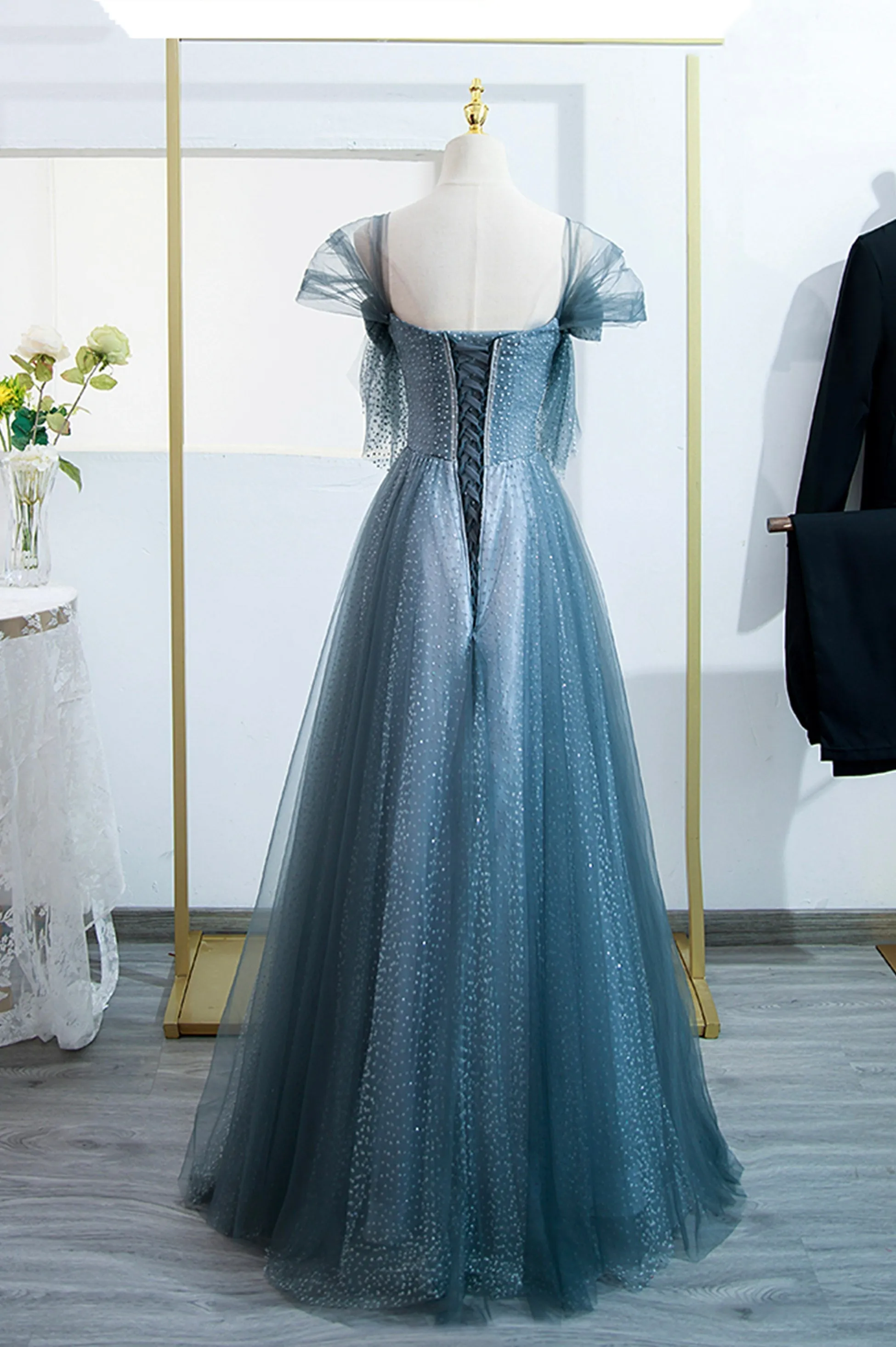 Blue Tulle Long A-Line Prom Dress, Simple Sweetheart Neckline Evening Party Dress