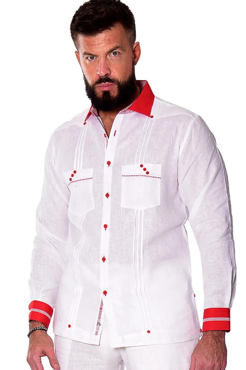 BOHIO Mens 100% Linen Fancy Guayabera Inspired Shirt w/Two Pockets Pin-Tucked Gingham Trim in (2) Colors MLFG2027