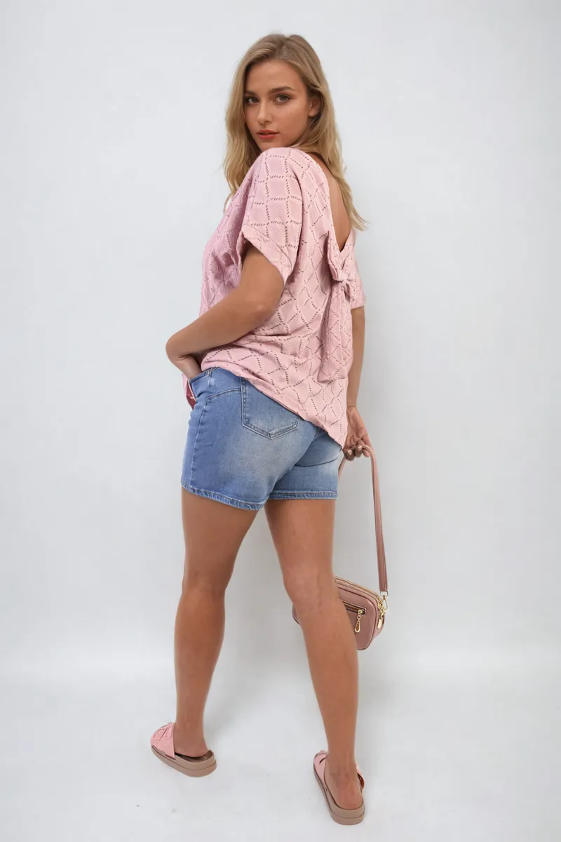 Bow Back Eyelet Details Short Sleeve Oversized Top