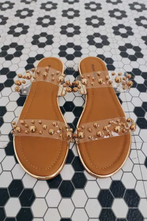 Bubble Beaded Two Band Slide Sandals- Lucite Gold