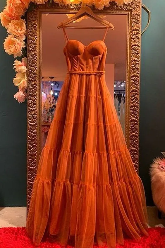 Burnt Orange Straps Tulle A-Line Long Prom Gown Formal Dress